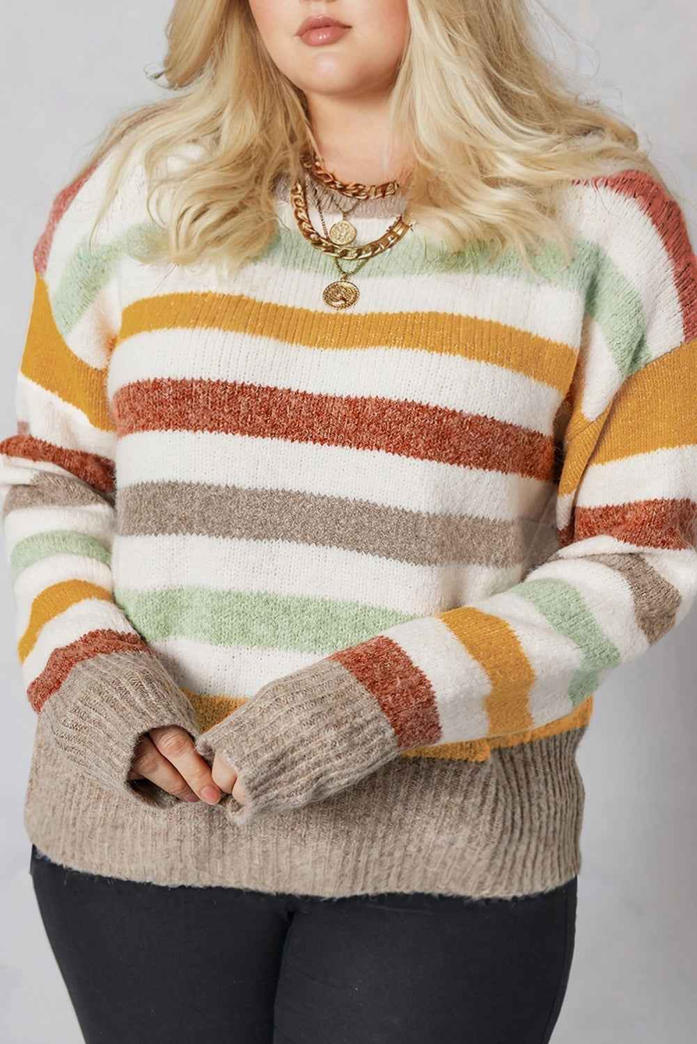 Multicolour Striped Colorblock Drop Shoulder Plus Size Sweater Multicolour 65%Acrylic+35%Polyamide be0ce2fb3a86f129