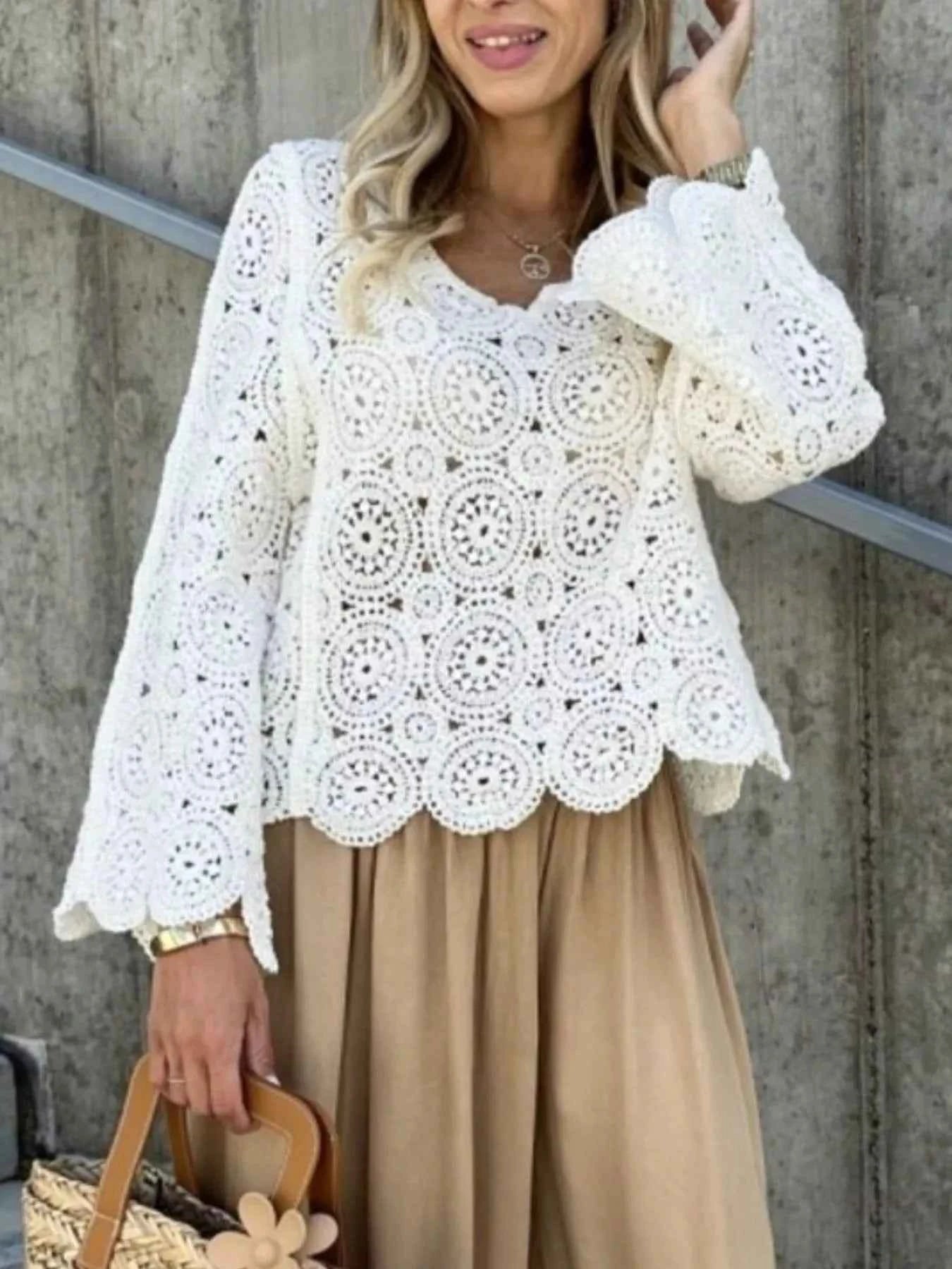 Crochet Lace V-Neck Bell Sleeve Knit Top be66c772-70d8-40b9-b528-3508ce67509c-Max-Origin