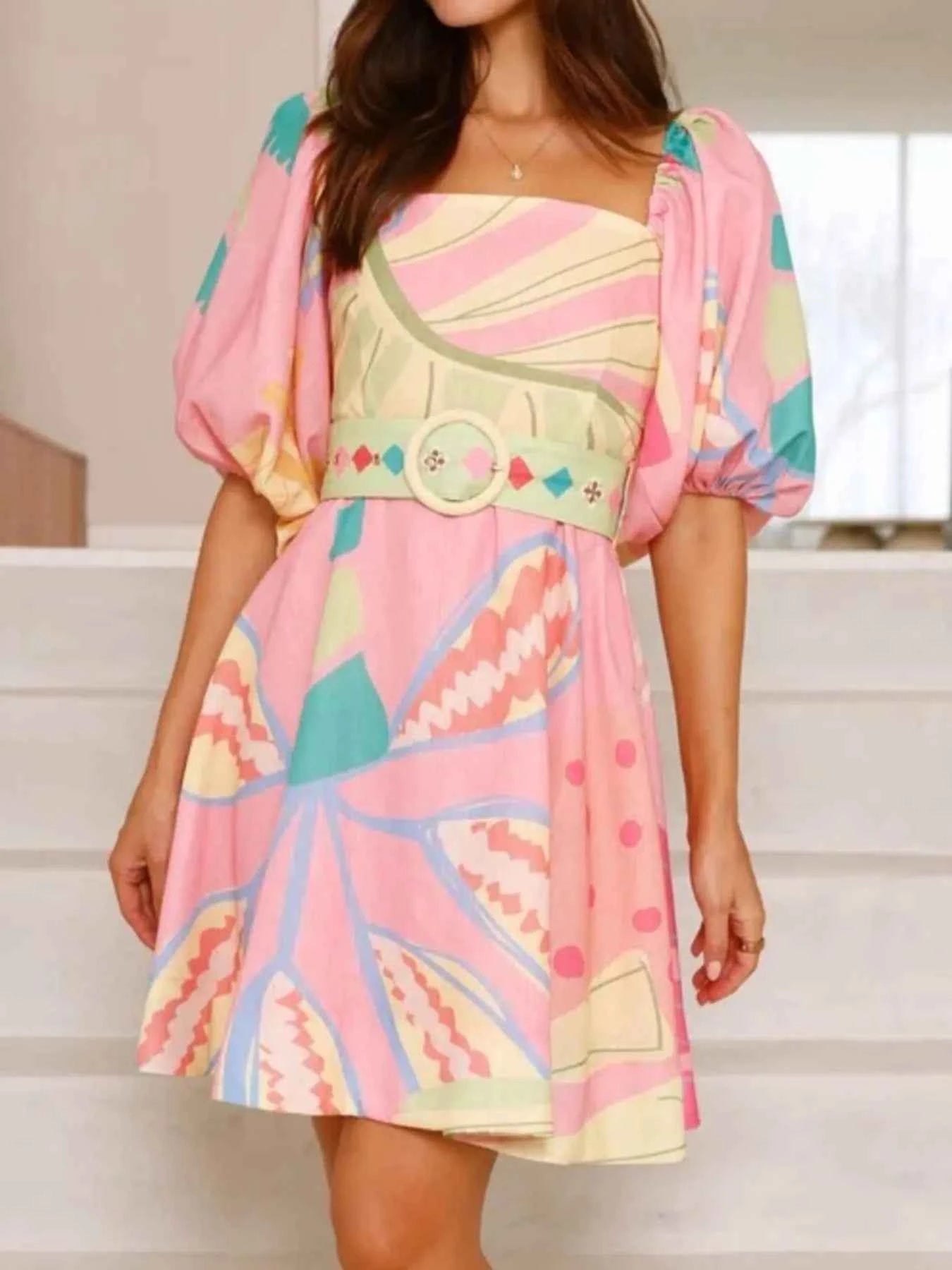 Colorful Print Belted Mini Dress with Puff Sleeves bee75929-d5b0-4a3e-a6f6-9ca46ec81cb4-Max-Origin