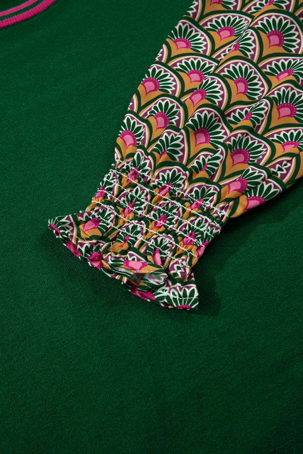 Blackish Green Floral Patchwork Shirred Cuff Puff Sleeve Sweater beea223244289f07
