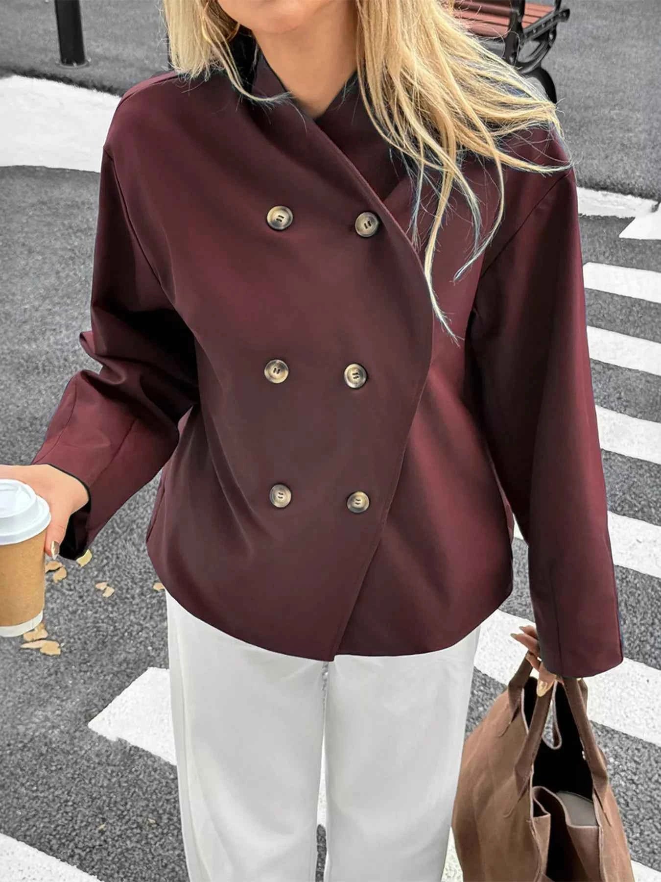 Double-Breasted Long Sleeve Jacket Burgundy bf07e9432d014d85840e7583adf78e2b-Max-Origin