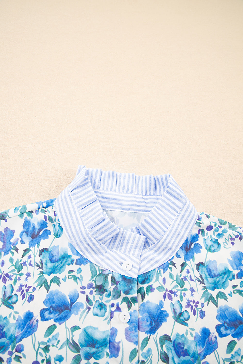 Sky Blue Floral Print Striped Patchwork Collared Blouse bf0b0468e66f64aa