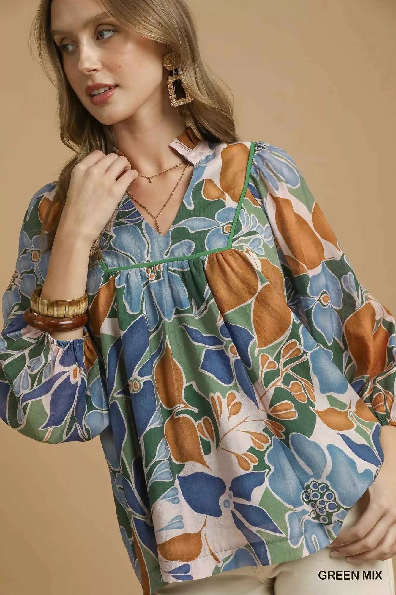 Umgee Multicolor Abstract Floral Print Blouse with Ruffle Neck bf485641-791f-43f6-822d-0c8f7ec97ff3-Max-Origin