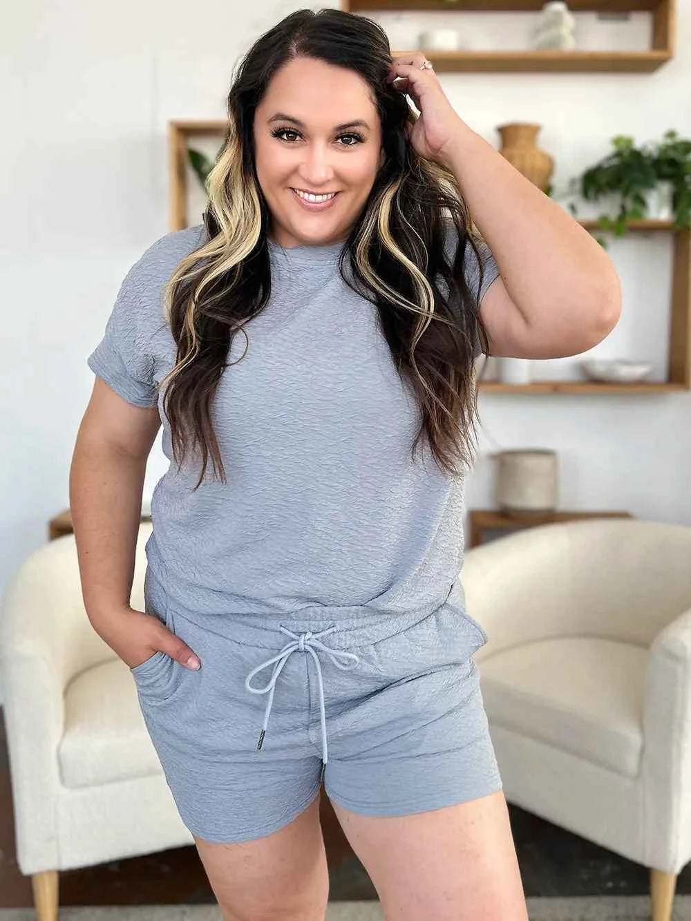 Double Take Full Size Texture Short Sleeve T-Shirt and Drawstring Shorts Set bf50e7b7-7215-446b-bd0d-6d8def28a3c8-Max