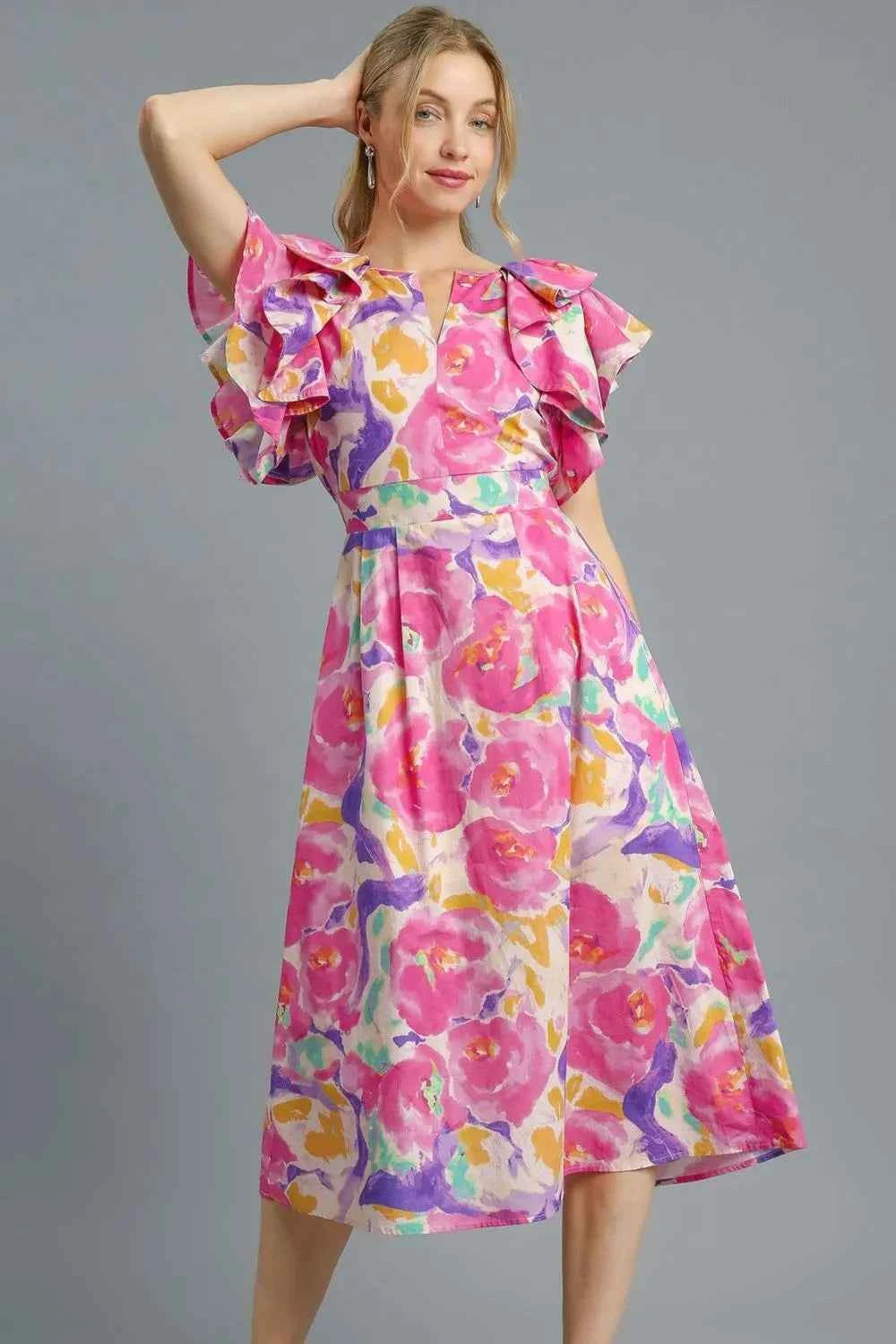 Umgee Floral Ruffled Cap Sleeve Midi Dress Hot Pink bf881c7b-86a4-46fc-80ea-8892283f8c1f-Max-Origin