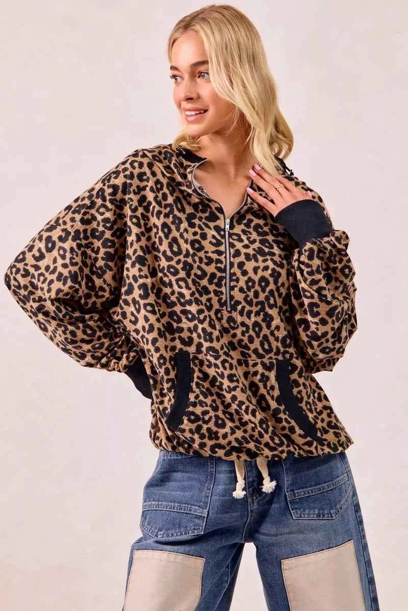 BiBi Leopard Print Waffle Half Zip Up Hoodie W Pocket c004e41e2b7042aaab817c1a80b45ced-Max-Origin