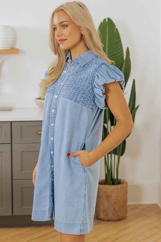 Vanessa Flutter Sleeve Button Up Denim Dress c017913f-baa5-41a4-8877-db0e6ecea4bf
