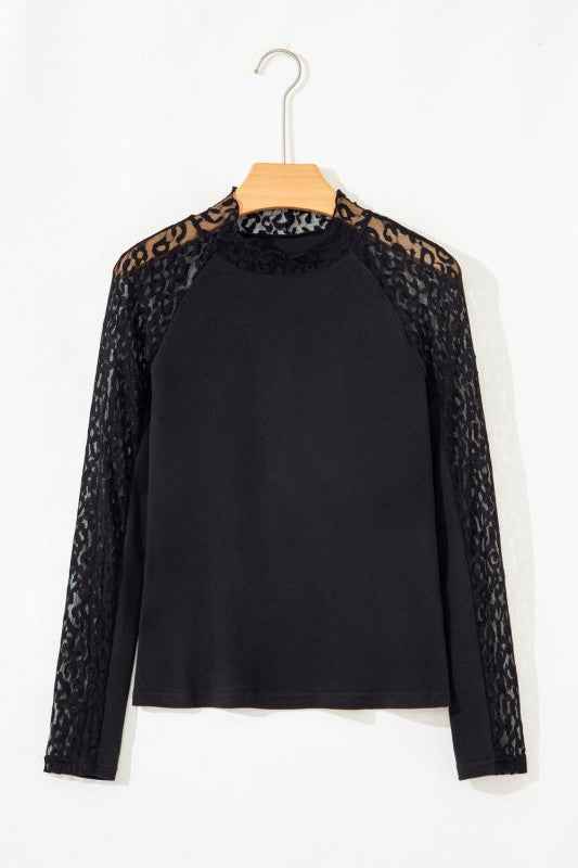 Leopard Mesh Patchwork Long Sleeve Top