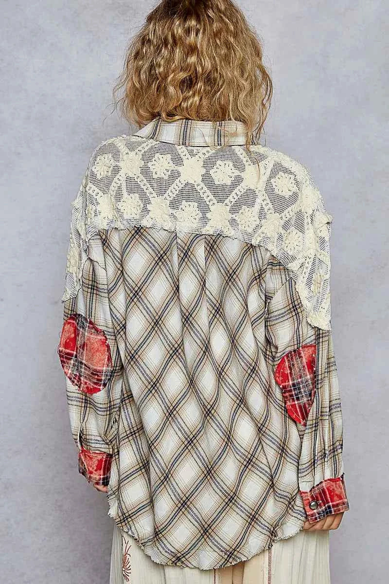 POL Lace Patchwork Plaid Oversized Shirt c029f0db-afe9-4539-8dfc-e104696fa993-Max-Origin
