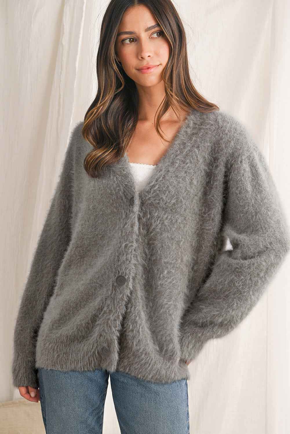Philippine Gray Fluffy V-neck Button Sweater Cardigan c032cd1e4990a428