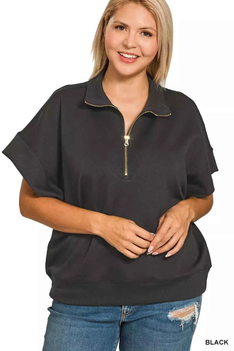 Zenana Full Size Scuba High Neck Half Zip Short Sleeve Top Plus Size c04fe8de-45ed-4599-906c-edc89503eb82-Max-Origin