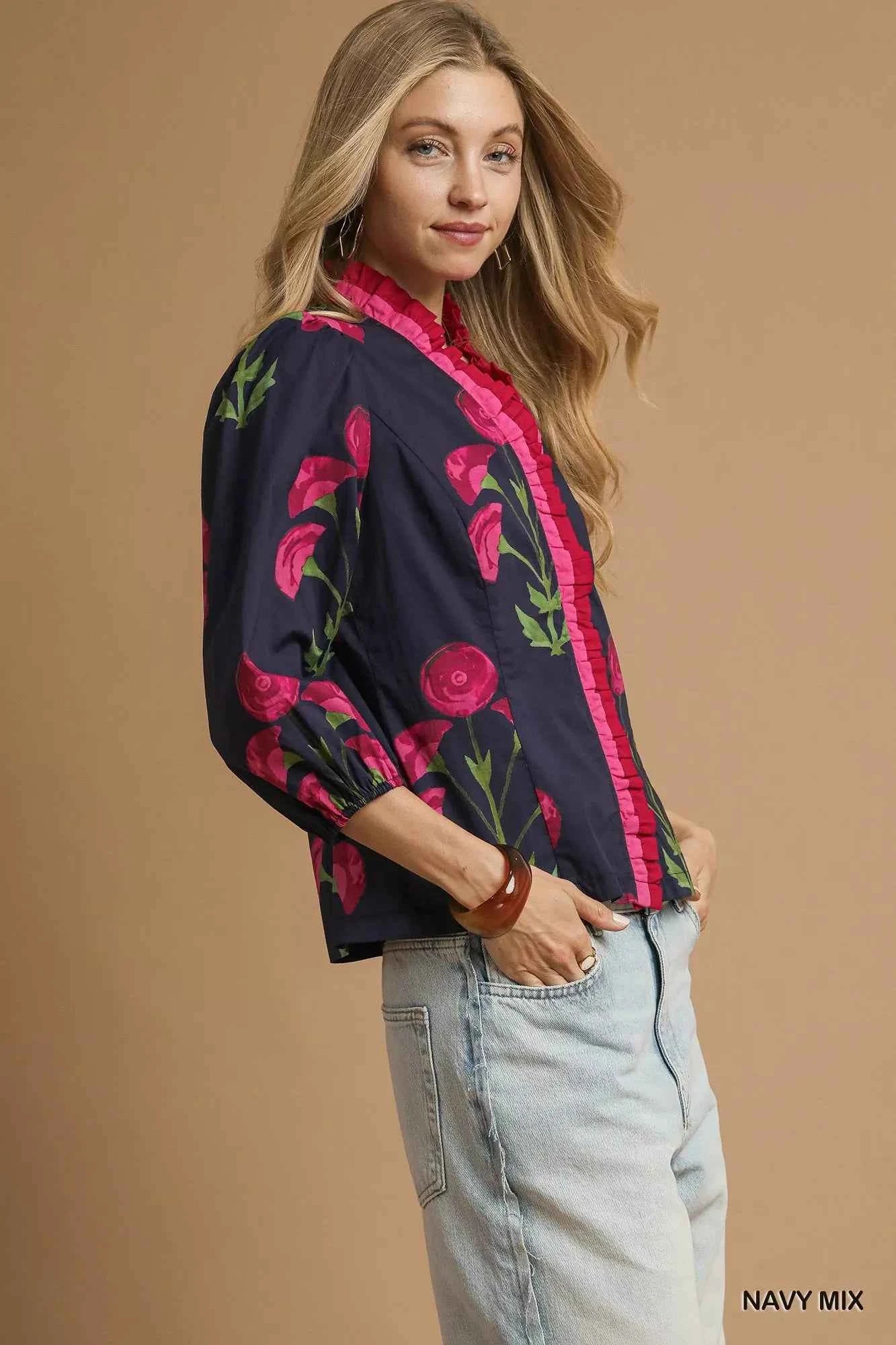 Umgee Floral Print Ruffle Trim Puff Sleeve Blouse c053c2dd-f5f1-40d4-bfc9-6c111e516c4b-Max-Origin
