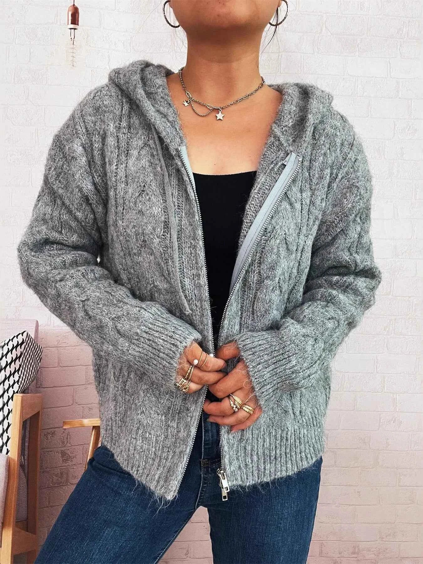 Cable Knit Hooded Zip-Up Cardigan Gray One Size c08c211a28f54028a4a70e41079bd49f-Max-Origin
