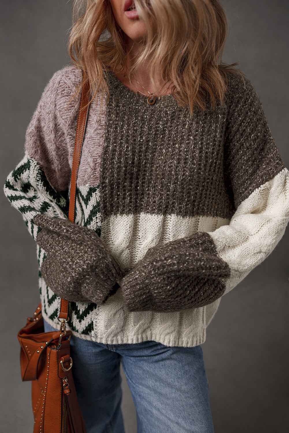 Brown Colorblock Patchwork Knotted Back Loose Fit Sweater Brown 100%Polyester c0948ab79f850645