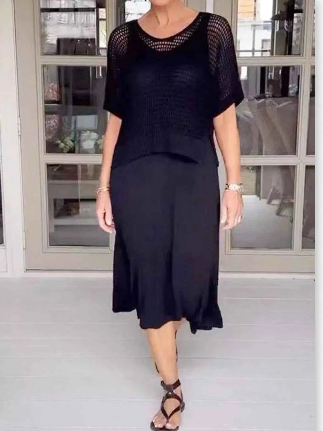 Full Size Openwork Knit Cover Up and Dress Set Plus Size Black c0c5c8e9-10c7-434b-b058-458178ebad66-Max-Origin