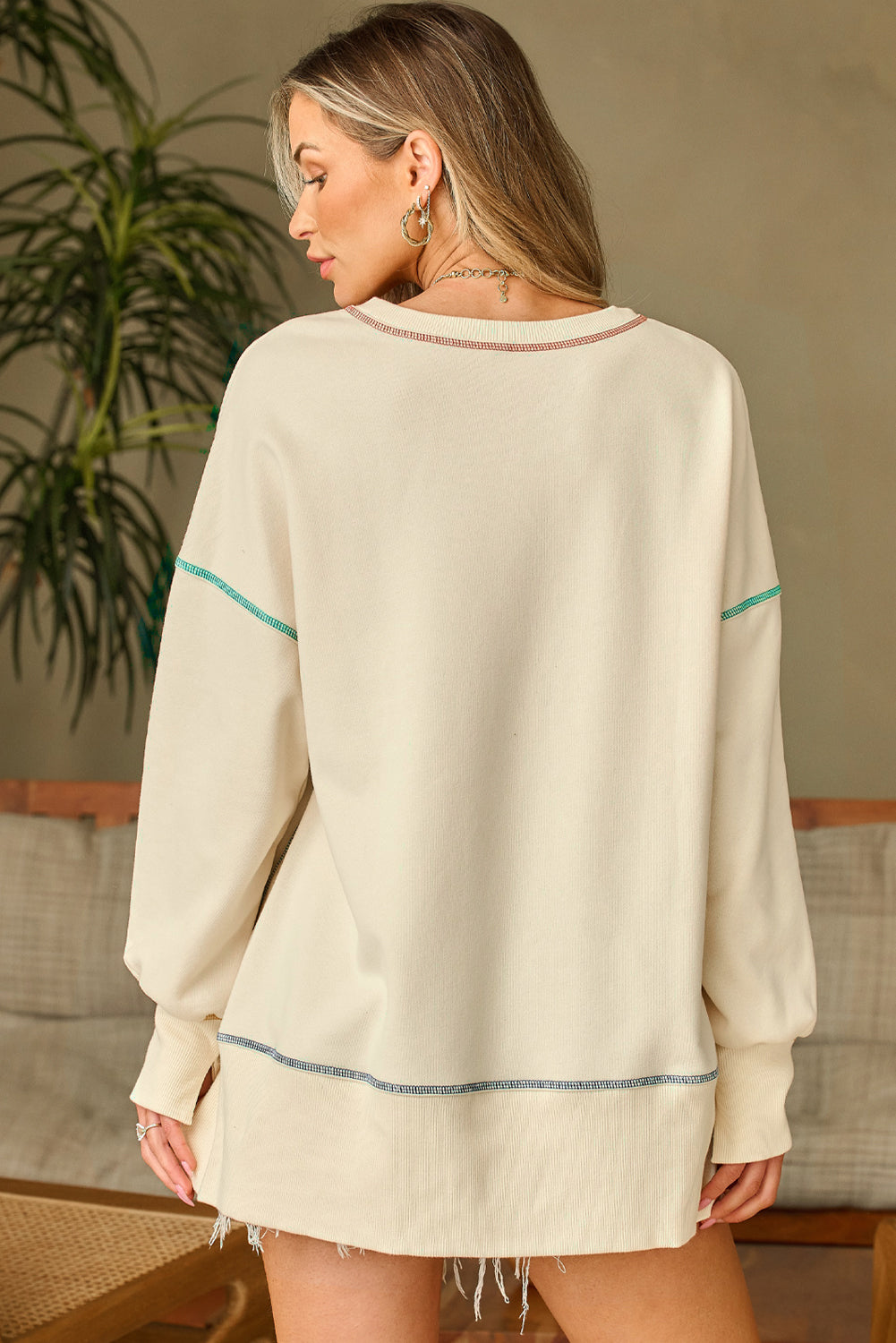 White THANKSGIVING Ribbon Bow Heat Transfer Printing Contrast Trim Baggy Sweatshirt c115356453a61f61