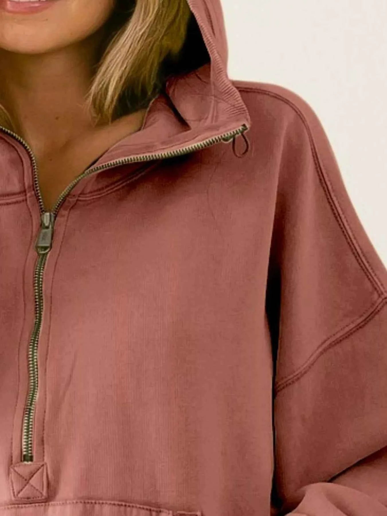 BiBi Stitch Detailed Elastic Hem Half Zip Fleece Hoodie c11b8351-07ed-473f-83be-2eea8d72ba6e-Max-Origin
