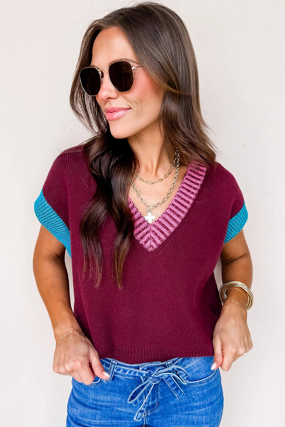 Burgundy Contrast Trim V Neck Cuffed Short Sleeve Loose Sweater