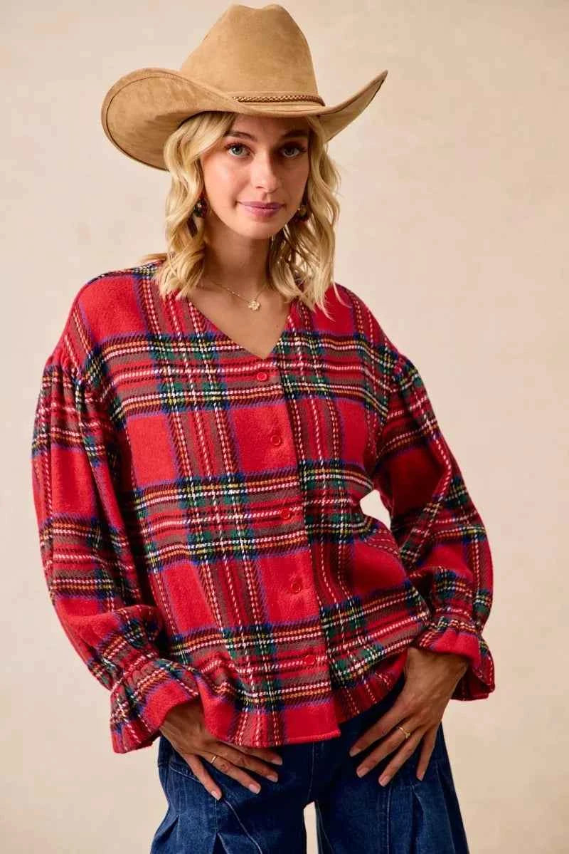 BiBi Christmas Plaid V-Neck Flounce Sleeve Jacket RED PLAID c14f1119c5f04c8c905bd3ace8eee7b7-Max-Origin