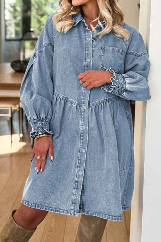 Denim Smocked Cuffs Shirt Mini Dress c1aa9b7a-9b47-4a15-bbec-7c8db5f19ea3