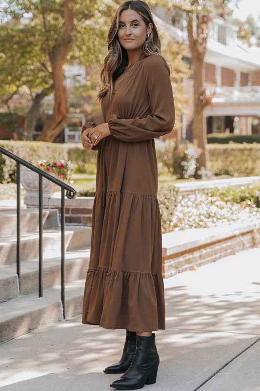 Solid Buttoned V-Neck Long Sleeve Tiered Maxi Dres c1c18e62-45f3-40fb-bf87-0b0065f6160c