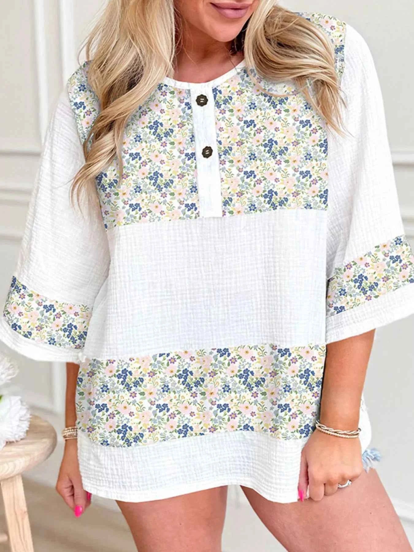 Floral Print Henley Button 3/4 Sleeve Blouse c1c907b8-5b92-4385-8188-352807559ea8-Max-Origin