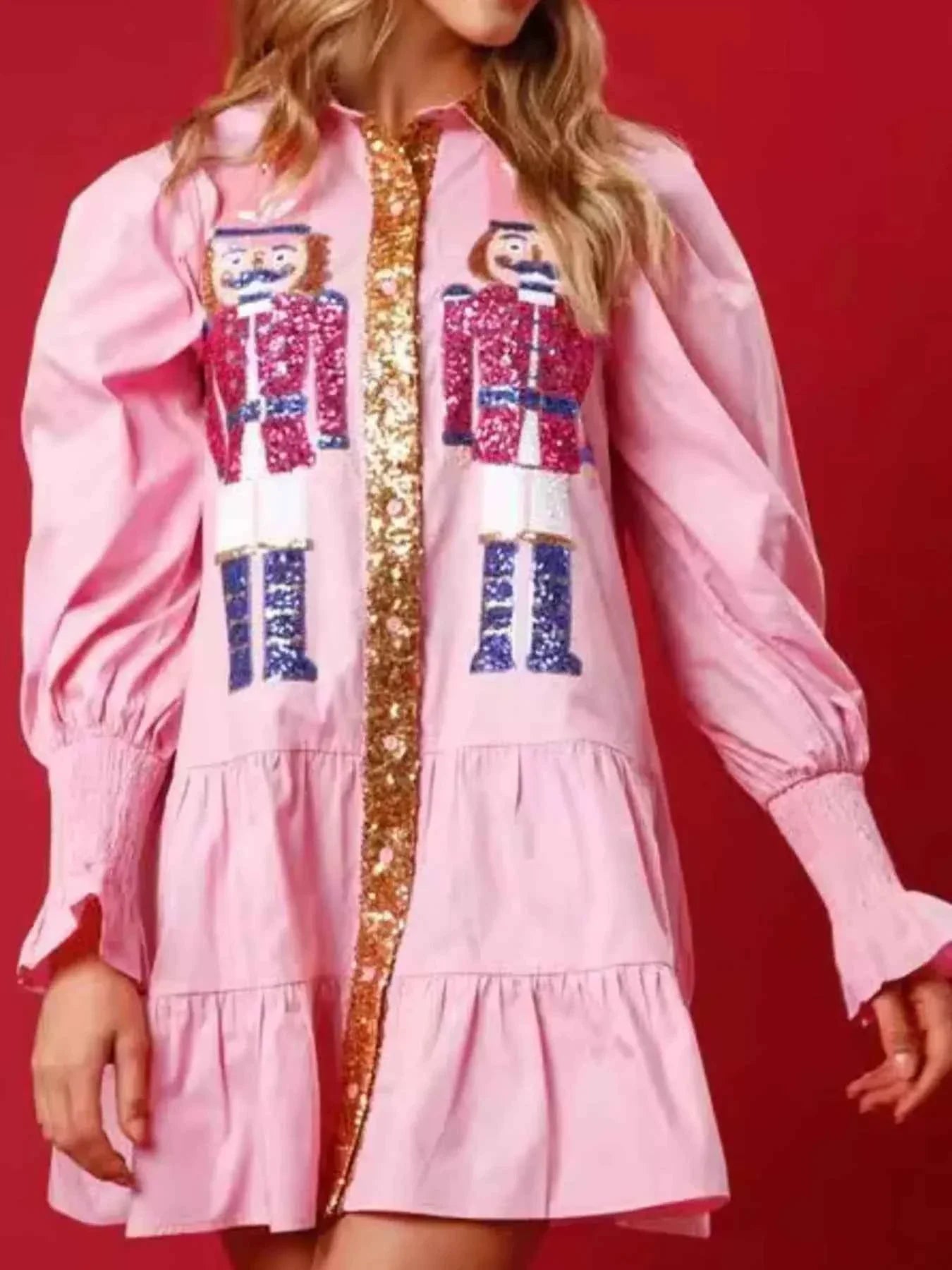 Full Size Christmas Sequin Nutcracker Tiered Shirt Dress Plus Size Pink c1e55b97-cafa-45d7-9609-ff9162a11eb3-Max-Origin