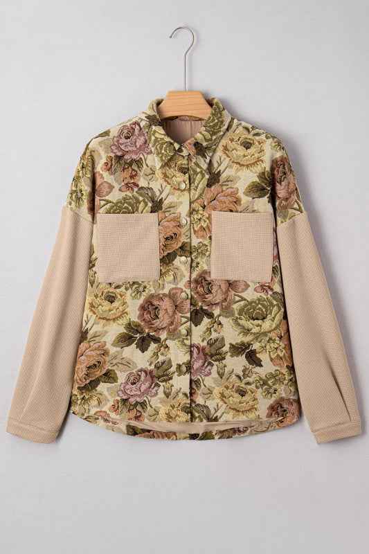 Floral Waffle Knit Patchwork Chest Pocket Buttoned c215c3a7-ee0e-4d9d-8547-639efc202fe5