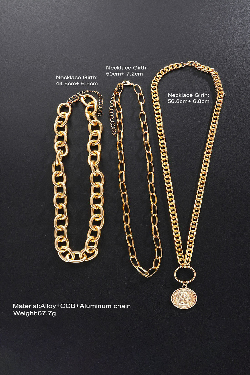 Gold 3pcs Coin Pendant Chain Alloy Necklace Set c2413c1bc5f83977