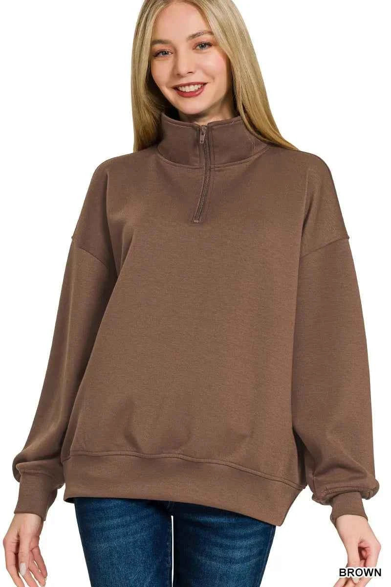Zenana Scuba Quarter-Zip Sweatshirt BROWN c259ae29fe4749e7887d032007b30bcb-Max-Origin