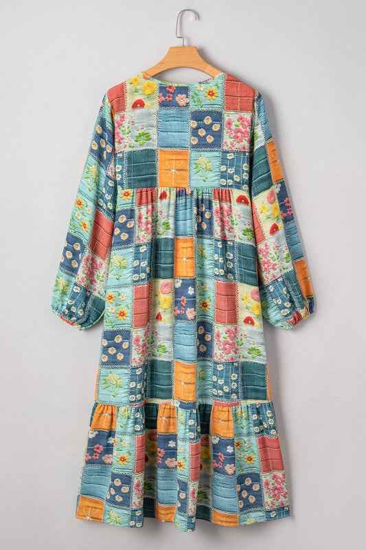 Floral Patchwork Long Sleeve Ruffle Hem Midi Dress c281a140-963a-45a9-8953-7e32453d0ac9