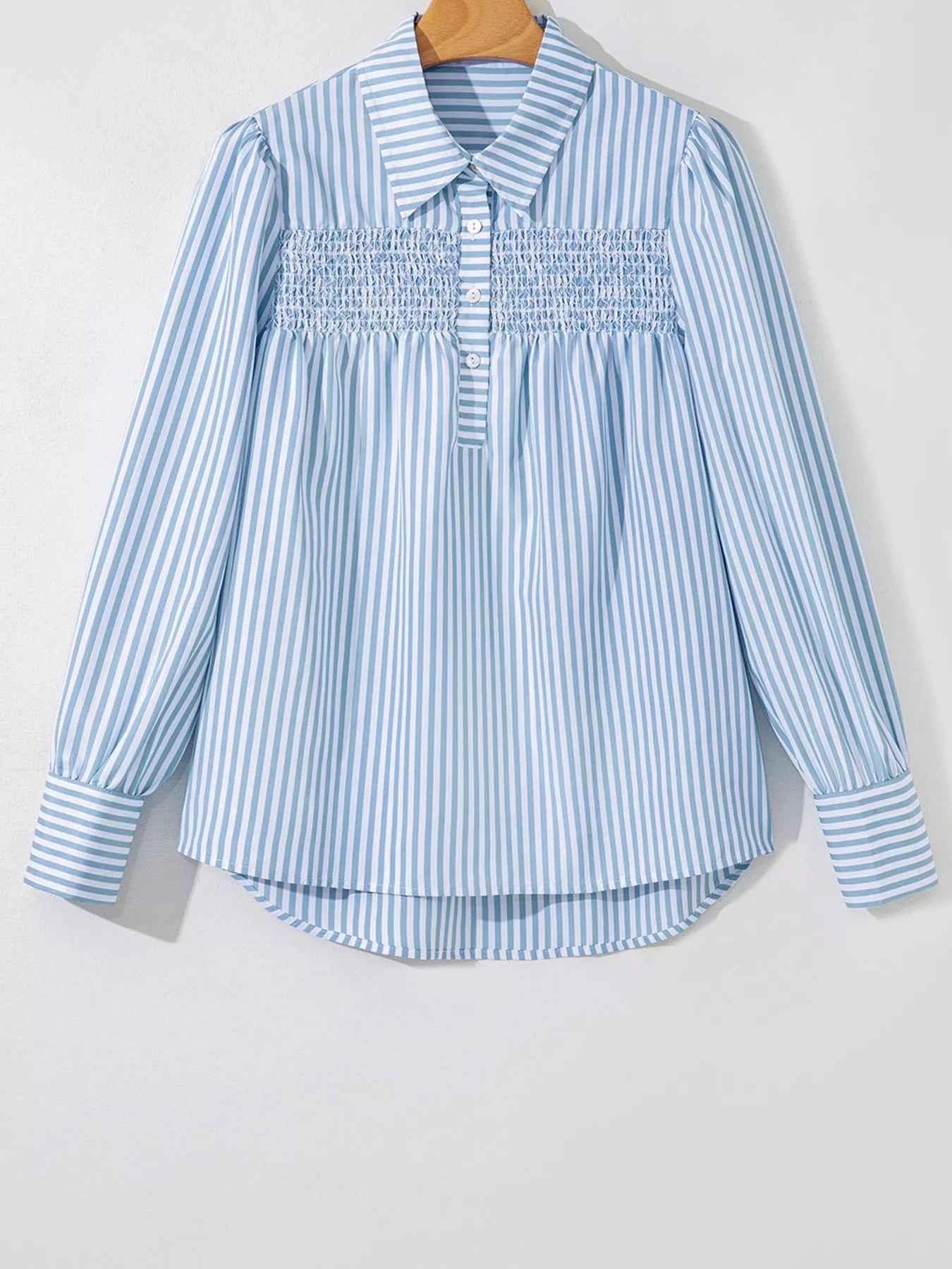 Stripe Shirred Detail Half Placket Collared Long Sleeve Shirt c290847fd94942e1a8c68161a58b817f-Max-Origin