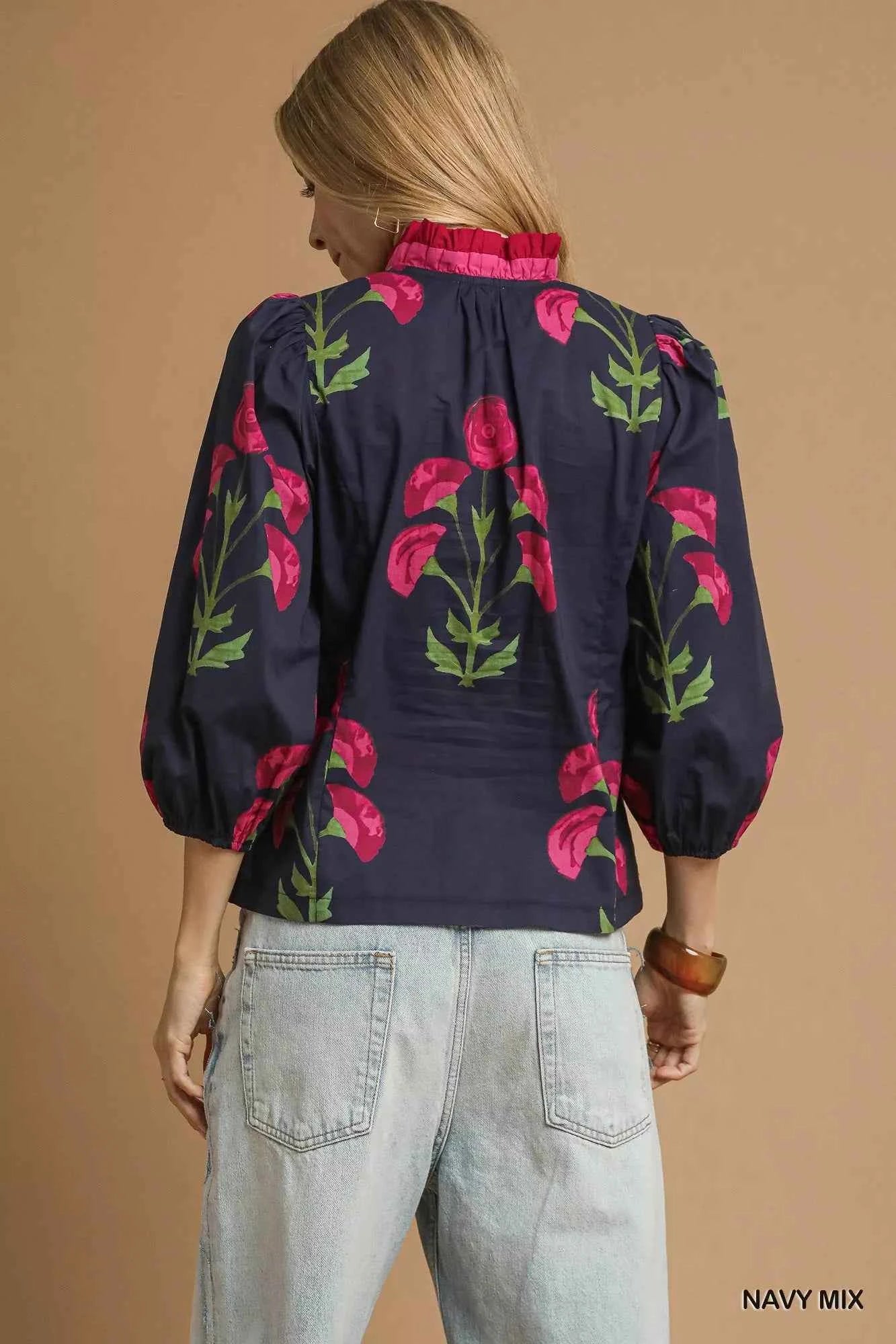 Umgee Floral Print Ruffle Trim Puff Sleeve Blouse c33fdd63-f759-4feb-a1d1-c29b84717ee2-Max-Origin