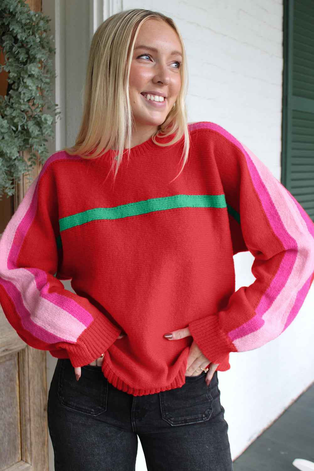 Fiery Red Colorblock Striped Long Sleeve Knit Sweater c36d783475c082ec