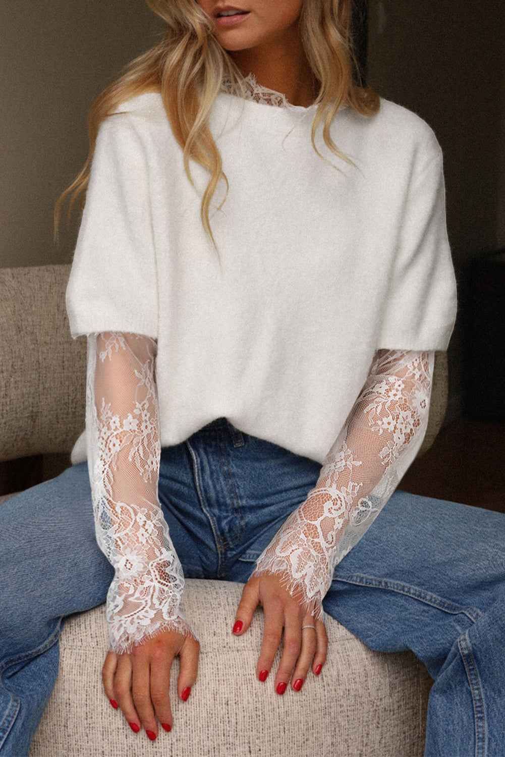 Beige Lace Sleeve Patchwork Faux Two-piece Fuzzy Sweater Beige 52%Viscose+26%Polyester+22%Polyamide c39abce0553a79a1