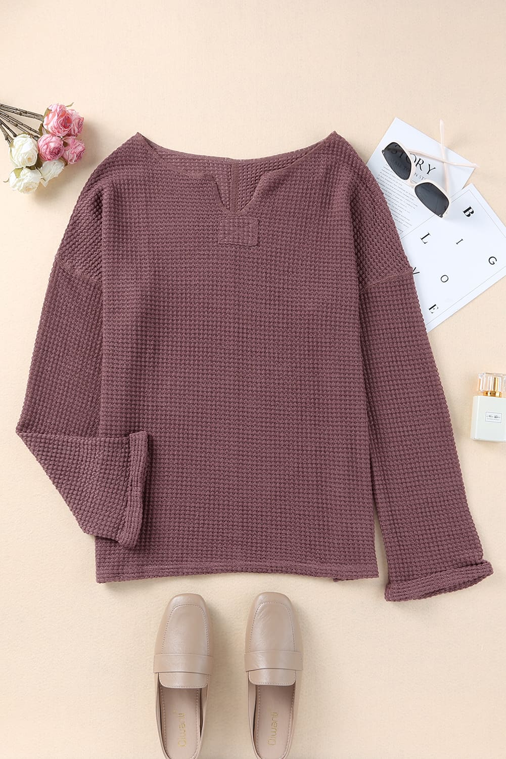 Purple Waffle Knit Split V Neck Drop Shoulder Long Sleeve Top c4218f6c078a7903