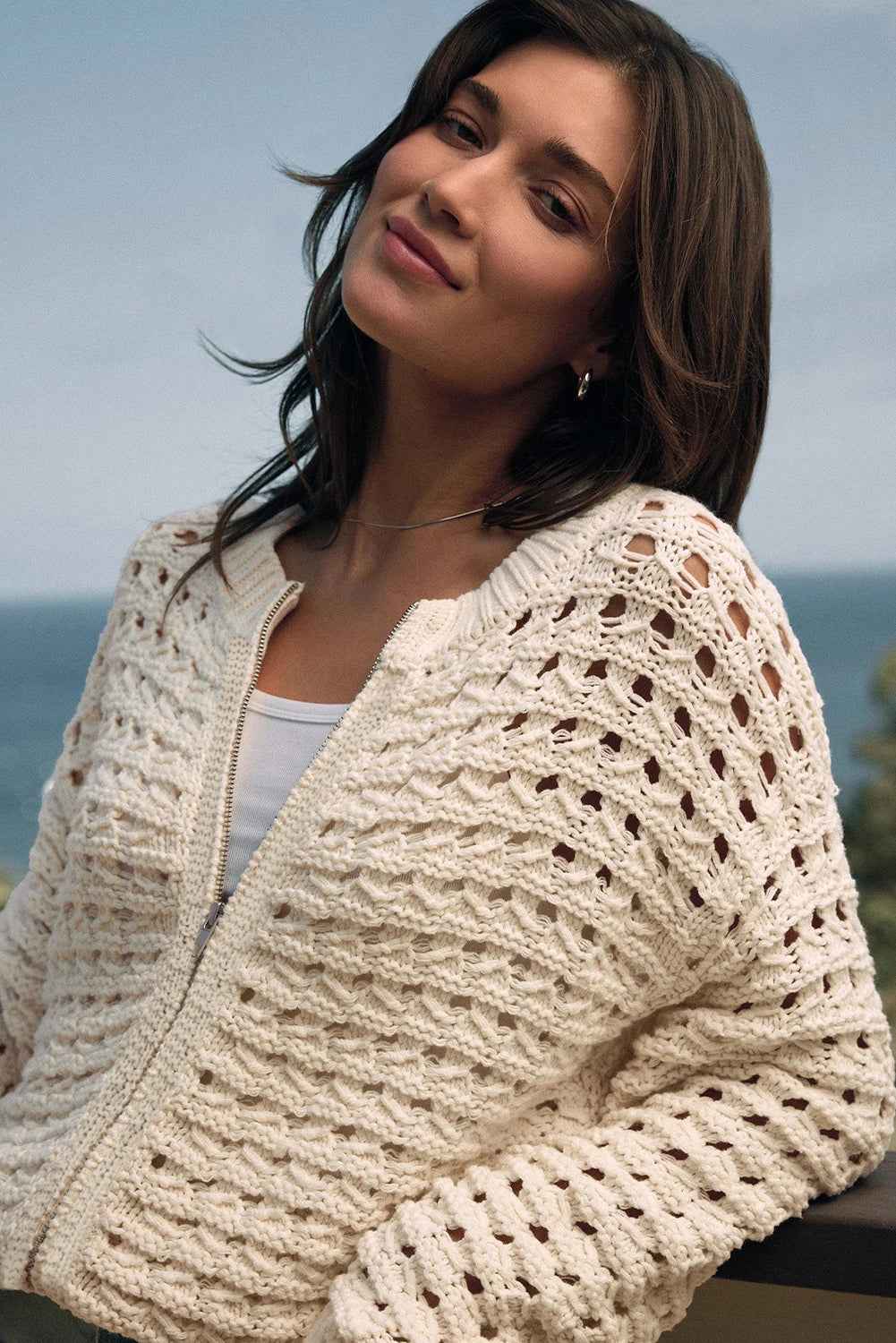 Beige Hollowed Pattern Knit Zip Up Drop Shoulder Cardigan c444c5e2e8126d36