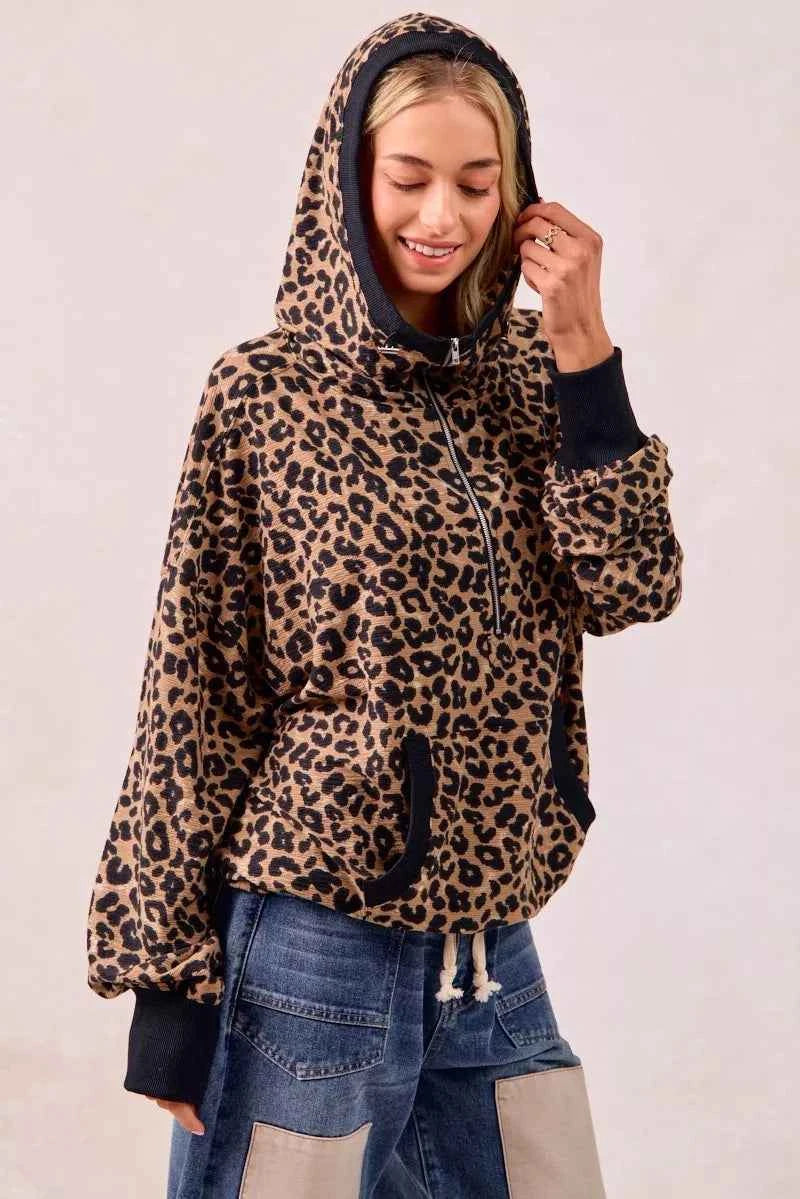BiBi Leopard Print Waffle Half Zip Up Hoodie W Pocket c44a5db4d89046a1a3b0a995a5f4a2c2-Max-Origin