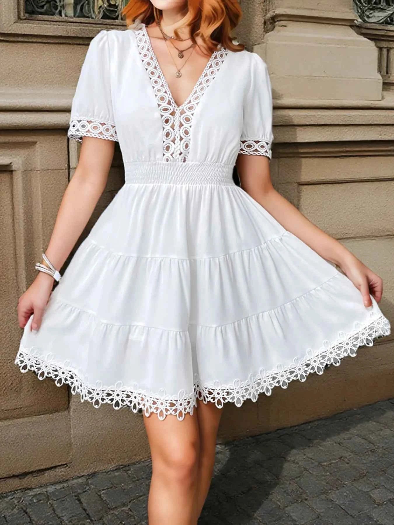 Lace Trim V-Neck Mini Dress White c450061f1c264c63859e01dc2e878301-Max-Origin