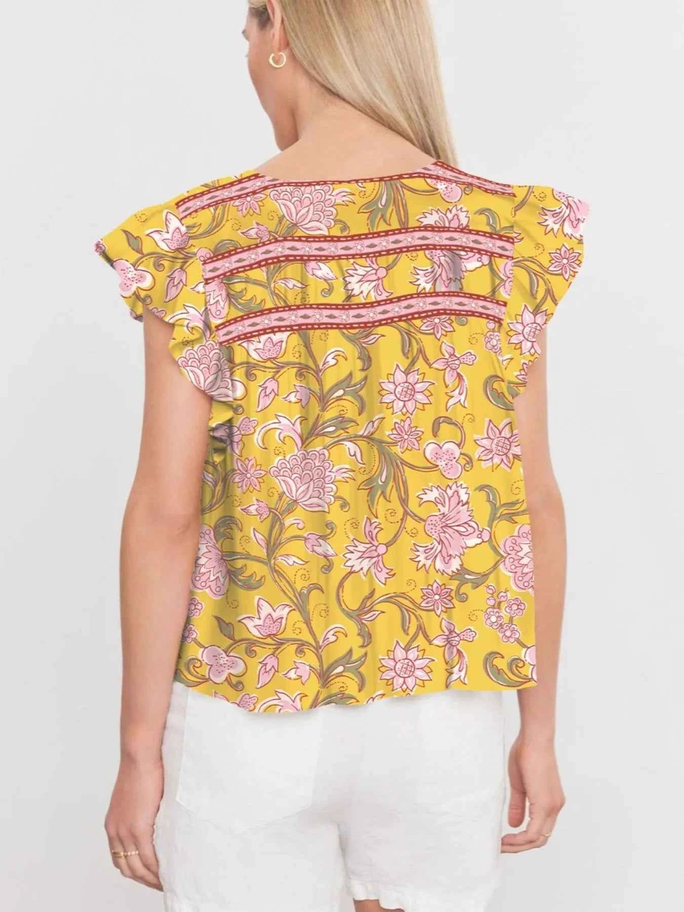 Floral Notched Neck Ruffled Sleeve Casual Blouse c45d46fc-898f-4d56-aee6-d161aebef66e-Max-Origin