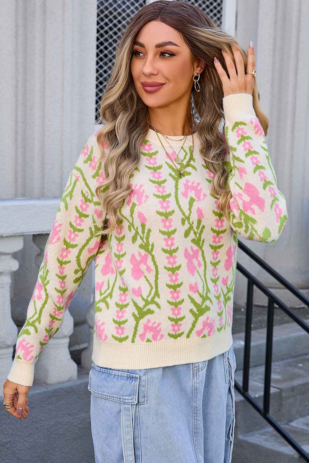 Beige Boho Floral Print Round Neck Sweater c47a87d4c2dc03c5