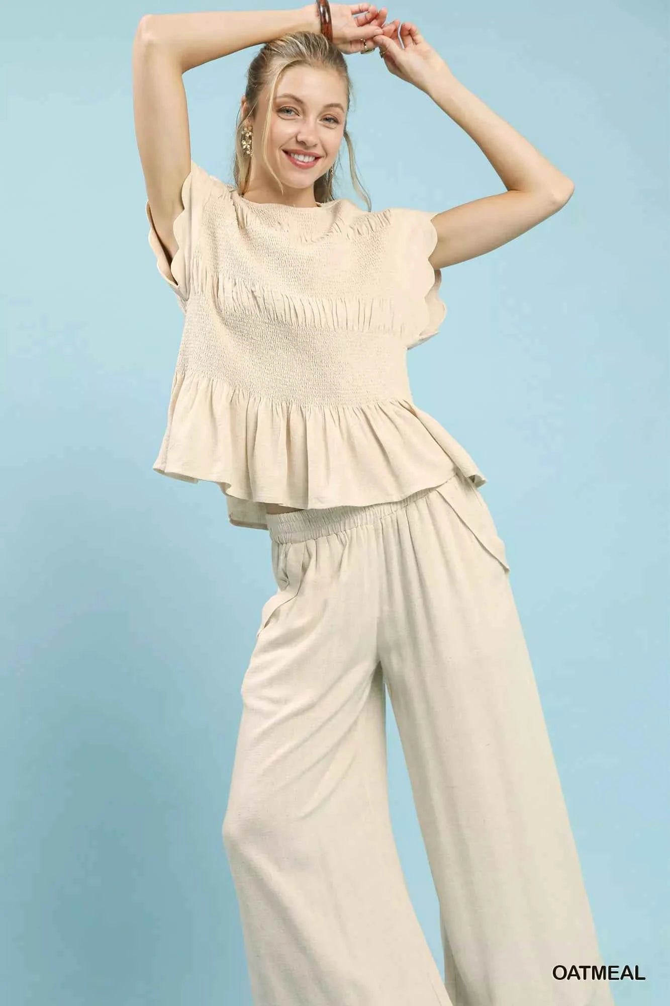 Umgee Linen Blend Smocked Peplum Blouse c4f51e21-c1bc-4fd1-8601-7939275e2832-Max-Origin