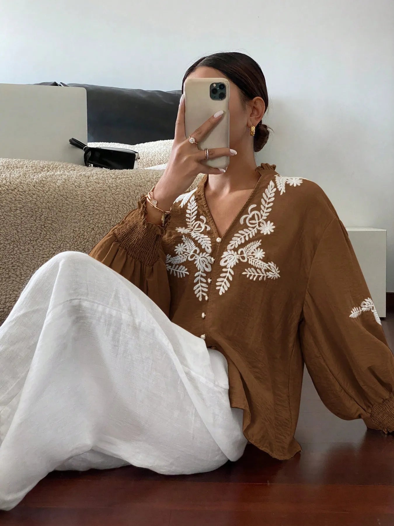 Embroidered Lantern Sleeve Blouse c58bcc6658e04e19a3fbb46b00b0adb0-Max-Origin