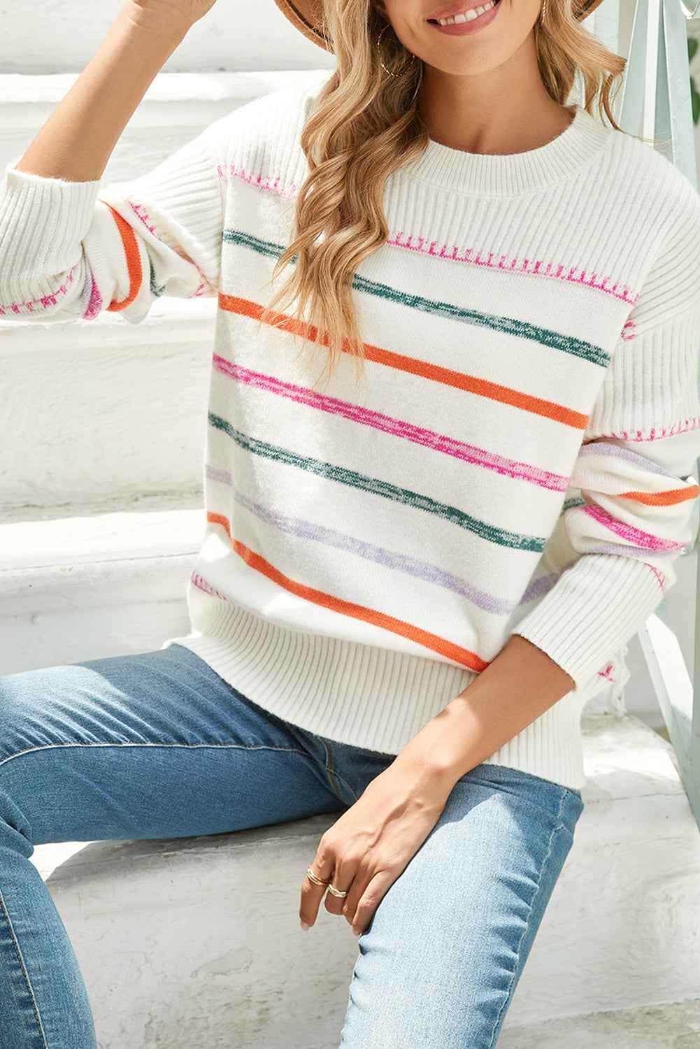 Black Colorful Striped Ribbed Trim Round Neck Sweater c5ba25667473c068