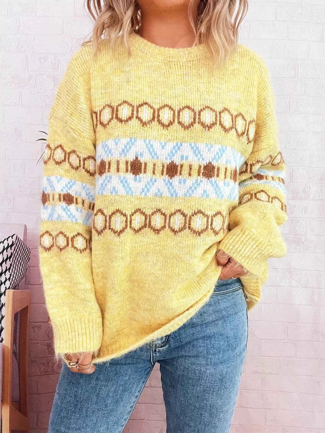 Contrast Round Neck Drop Shoulder Sweater Yellow One Size c5ca4f437b744606b39f222ce7a3984d-Max-Origin