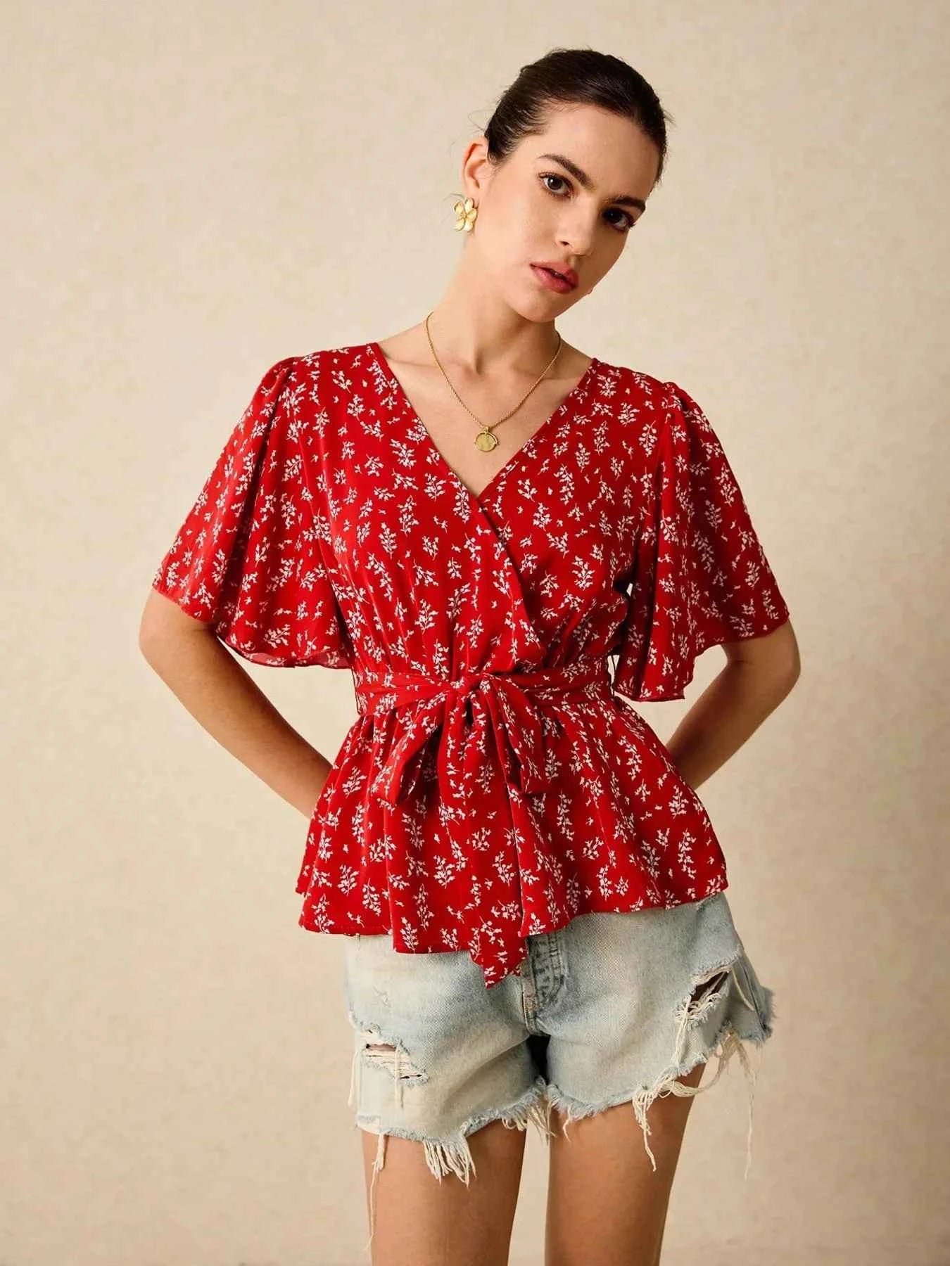Printed Surplice Flutter Sleeve Blouse Red c5ed5e7e657e481f9654d2bf2cae313c-Max-Origin
