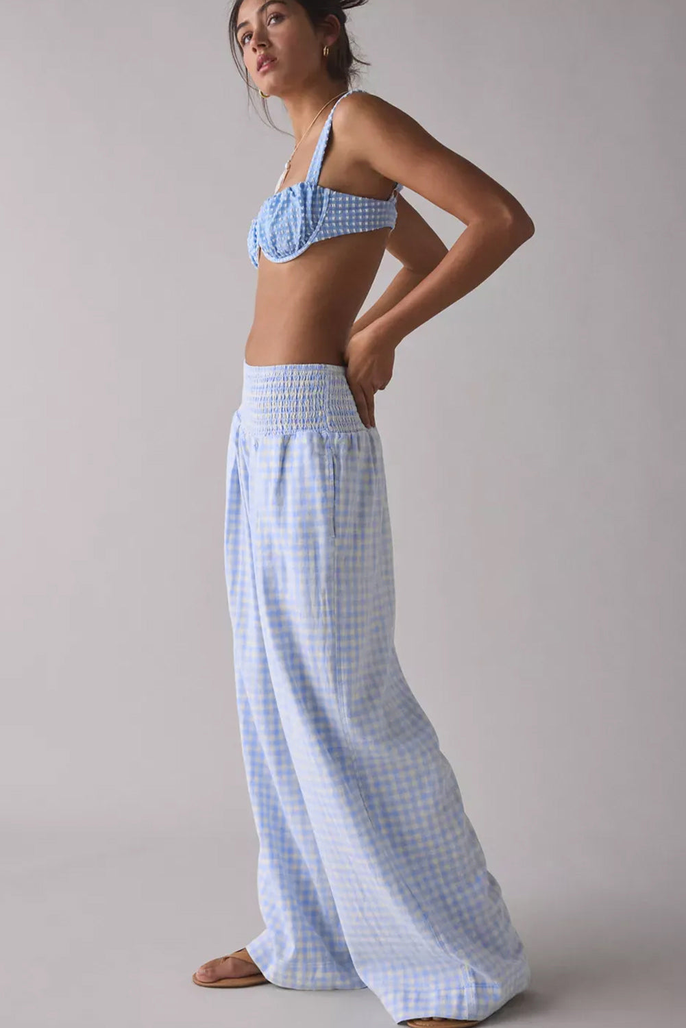 Myosotis Gingham Smocked High Waist Loose Pants c5edcd682eb1d2f5