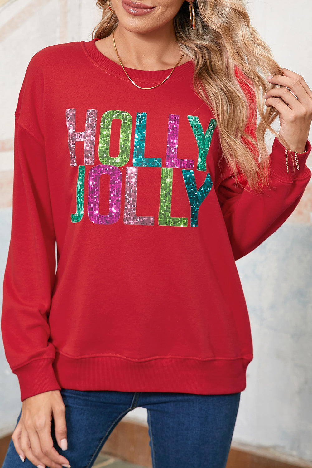 Red HOLLY JOLLY Heat Transfer Printing Graphic Christmas Pullover Sweatshirt c660101bacee9f48