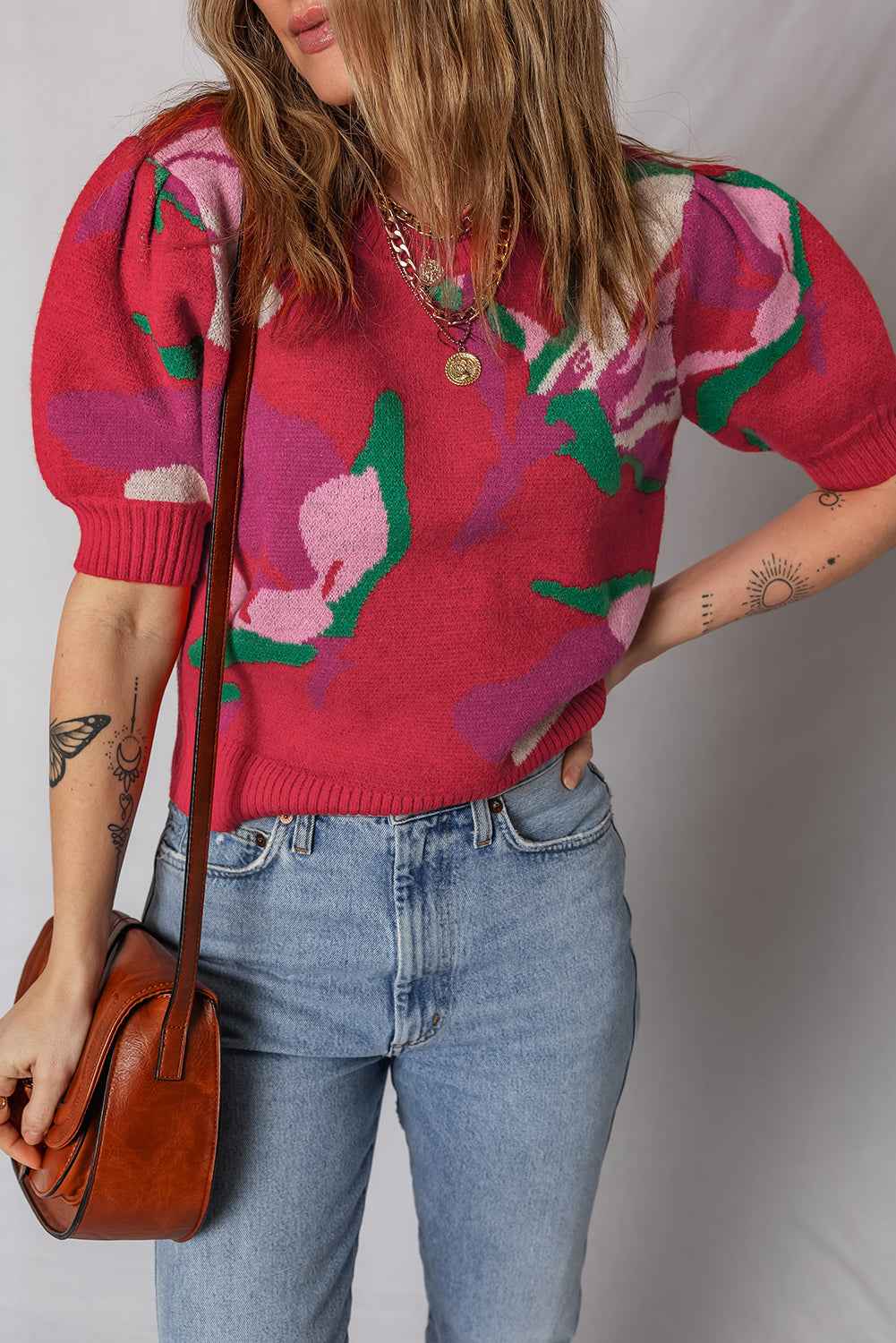 Red Floral Abstract Print Short Puff Sleeve Sweater c66f42c925f6f0a1