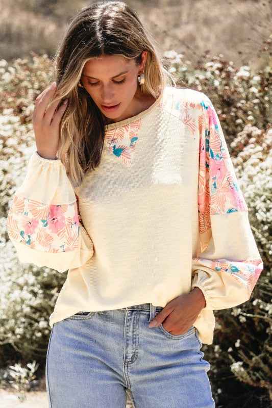 Floral Patchwork Balloon Sleeve Textured Blouse c732d9c9-ece0-40d6-b396-26014286dc20
